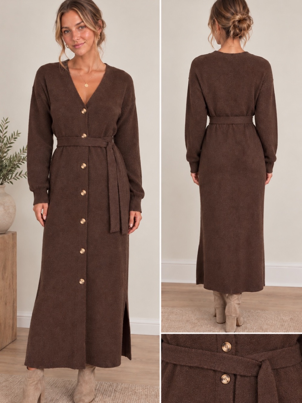ASOS Brown Button-Front Belted Sweater Dress Size 8